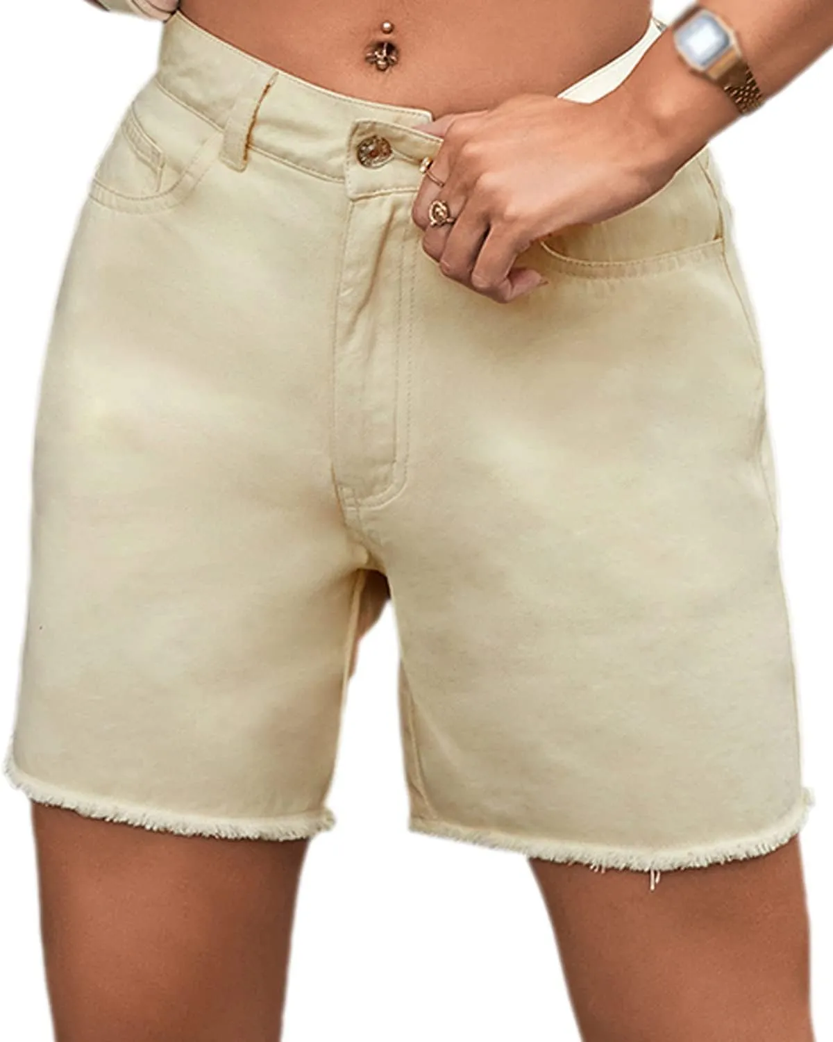 Womens High Waisted Straight Leg Hotpants Denim Shorts Washed Raw Hem Jean Bermuda Shorts with Pockets