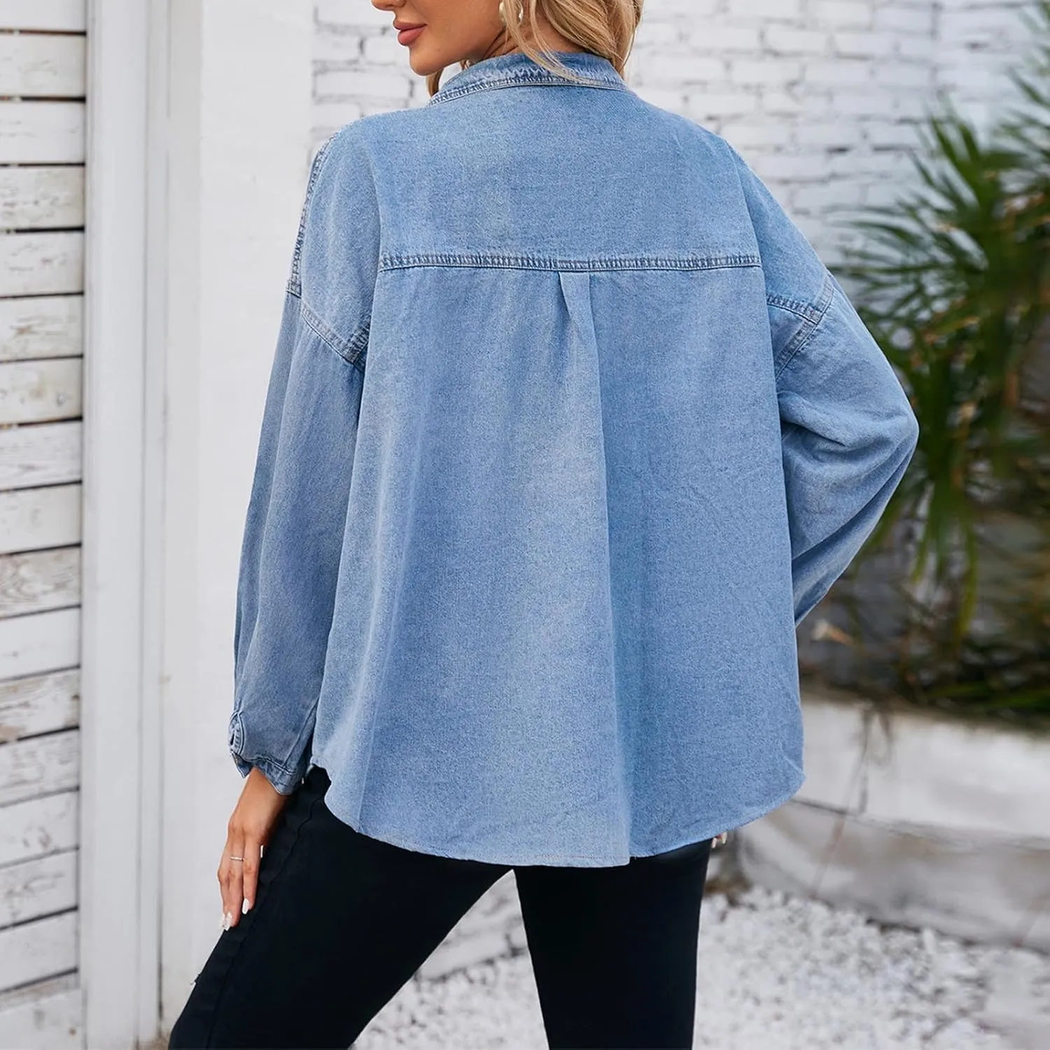 Womens Oversized Denim Jacket Button Down Lapel Collar Shirt Jackets Long Sleeve Pockets Denim Jean Jacket Shacket