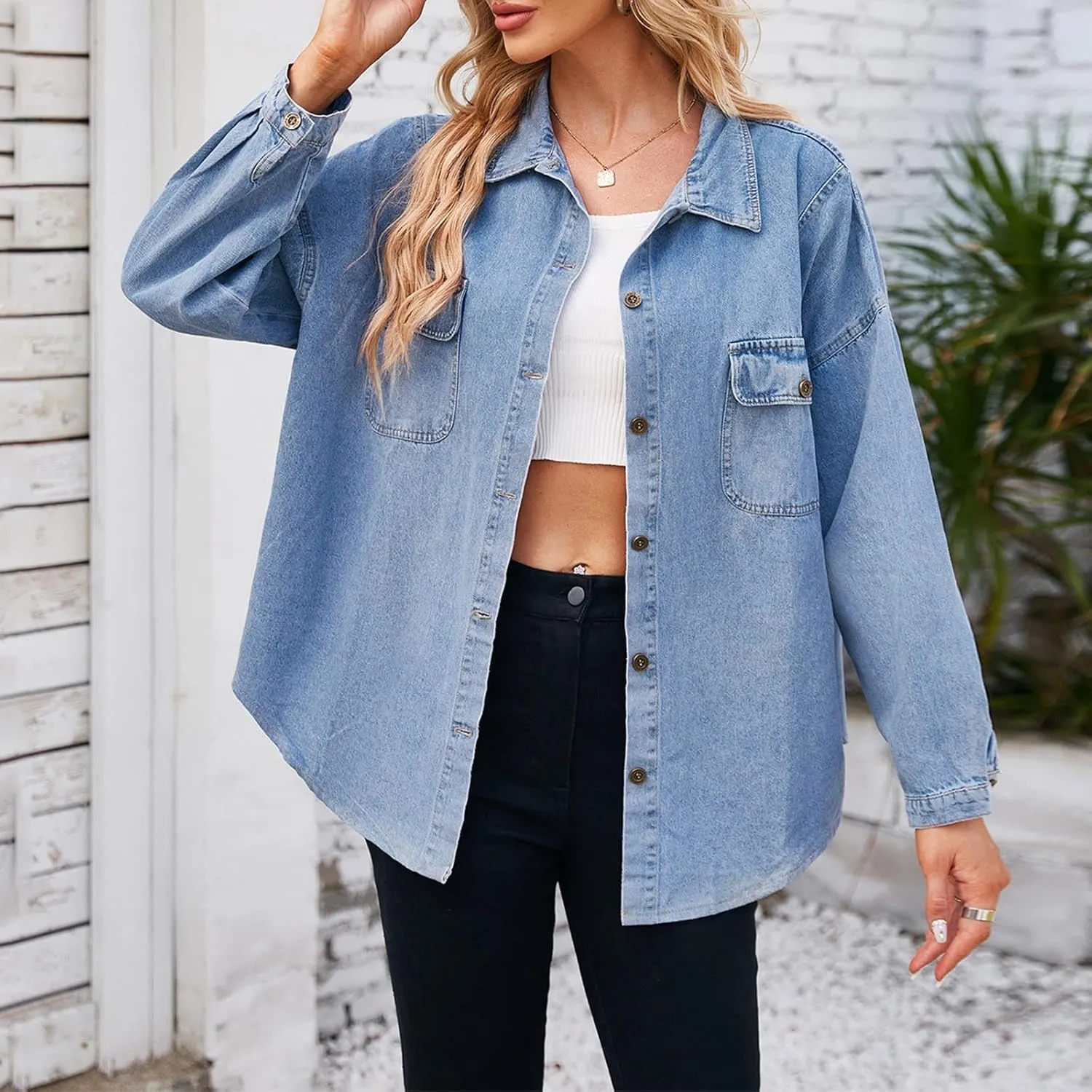 Womens Oversized Denim Jacket Button Down Lapel Collar Shirt Jackets Long Sleeve Pockets Denim Jean Jacket Shacket