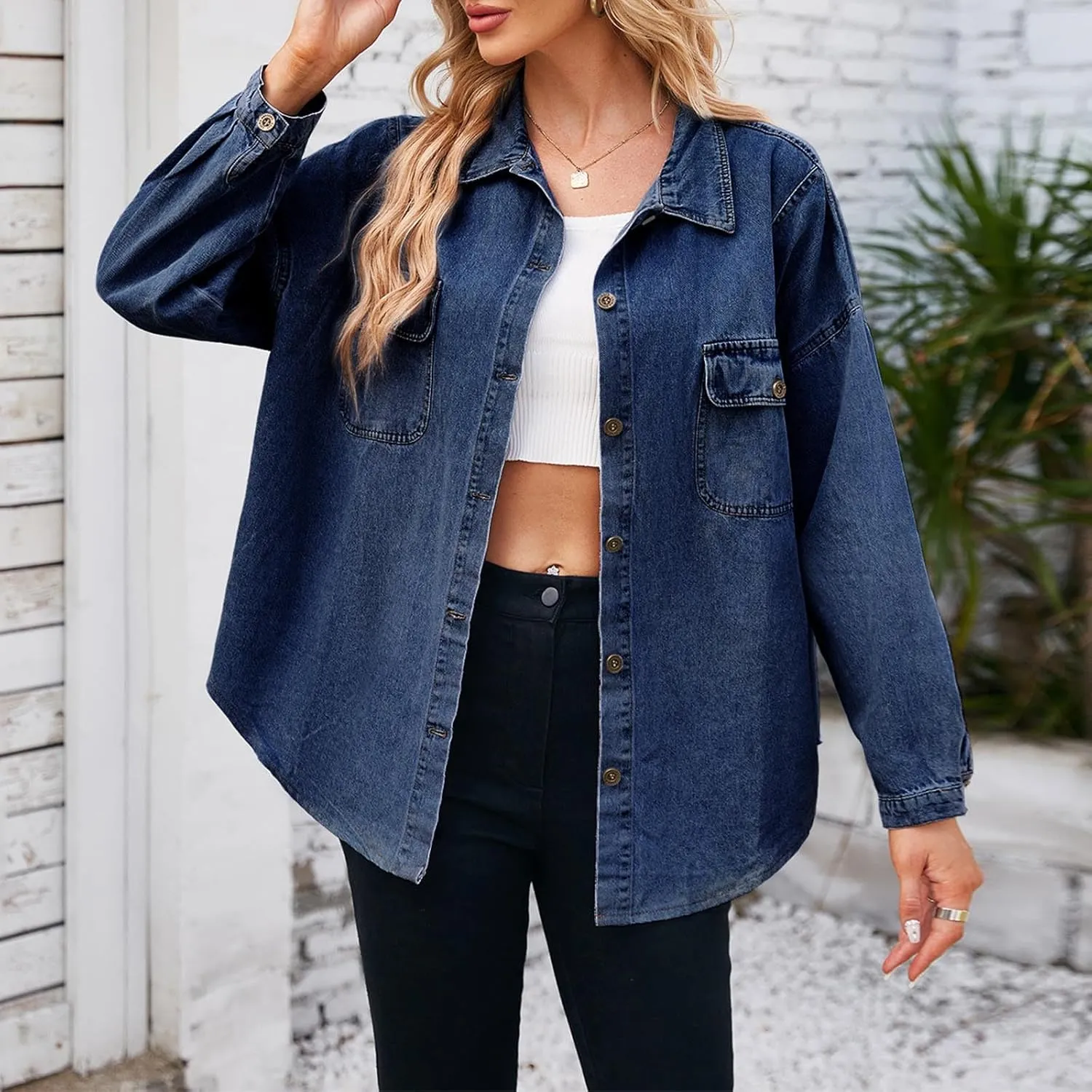 Womens Oversized Denim Jacket Button Down Lapel Collar Shirt Jackets Long Sleeve Pockets Denim Jean Jacket Shacket