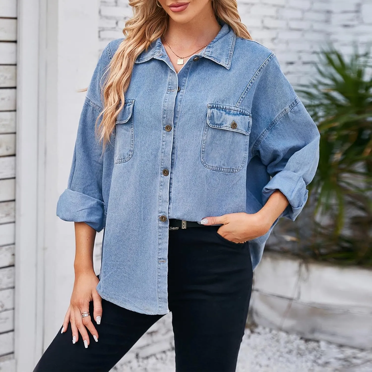 Womens Oversized Denim Jacket Button Down Lapel Collar Shirt Jackets Long Sleeve Pockets Denim Jean Jacket Shacket
