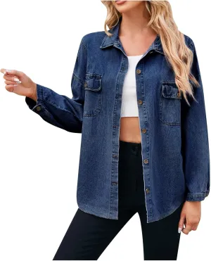 Womens Oversized Denim Jacket Button Down Lapel Collar Shirt Jackets Long Sleeve Pockets Denim Jean Jacket Shacket
