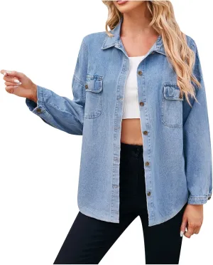 Womens Oversized Denim Jacket Button Down Lapel Collar Shirt Jackets Long Sleeve Pockets Denim Jean Jacket Shacket