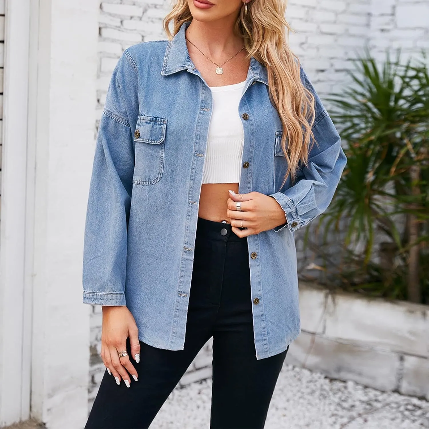 Womens Oversized Denim Jacket Button Down Lapel Collar Shirt Jackets Long Sleeve Pockets Denim Jean Jacket Shacket