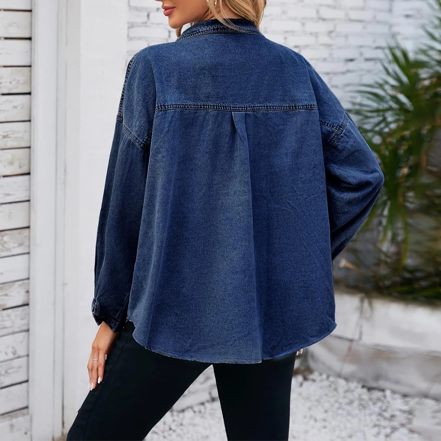 Womens Oversized Denim Jacket Button Down Lapel Collar Shirt Jackets Long Sleeve Pockets Denim Jean Jacket Shacket