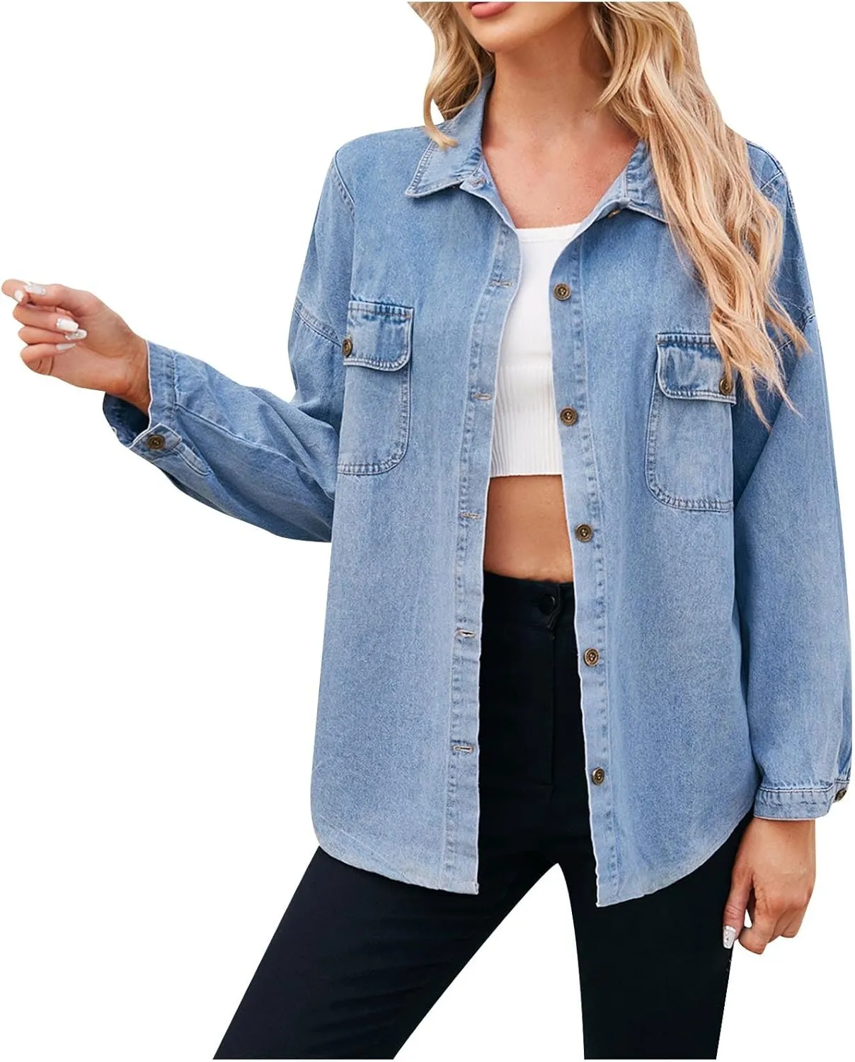 Womens Oversized Denim Jacket Button Down Lapel Collar Shirt Jackets Long Sleeve Pockets Denim Jean Jacket Shacket