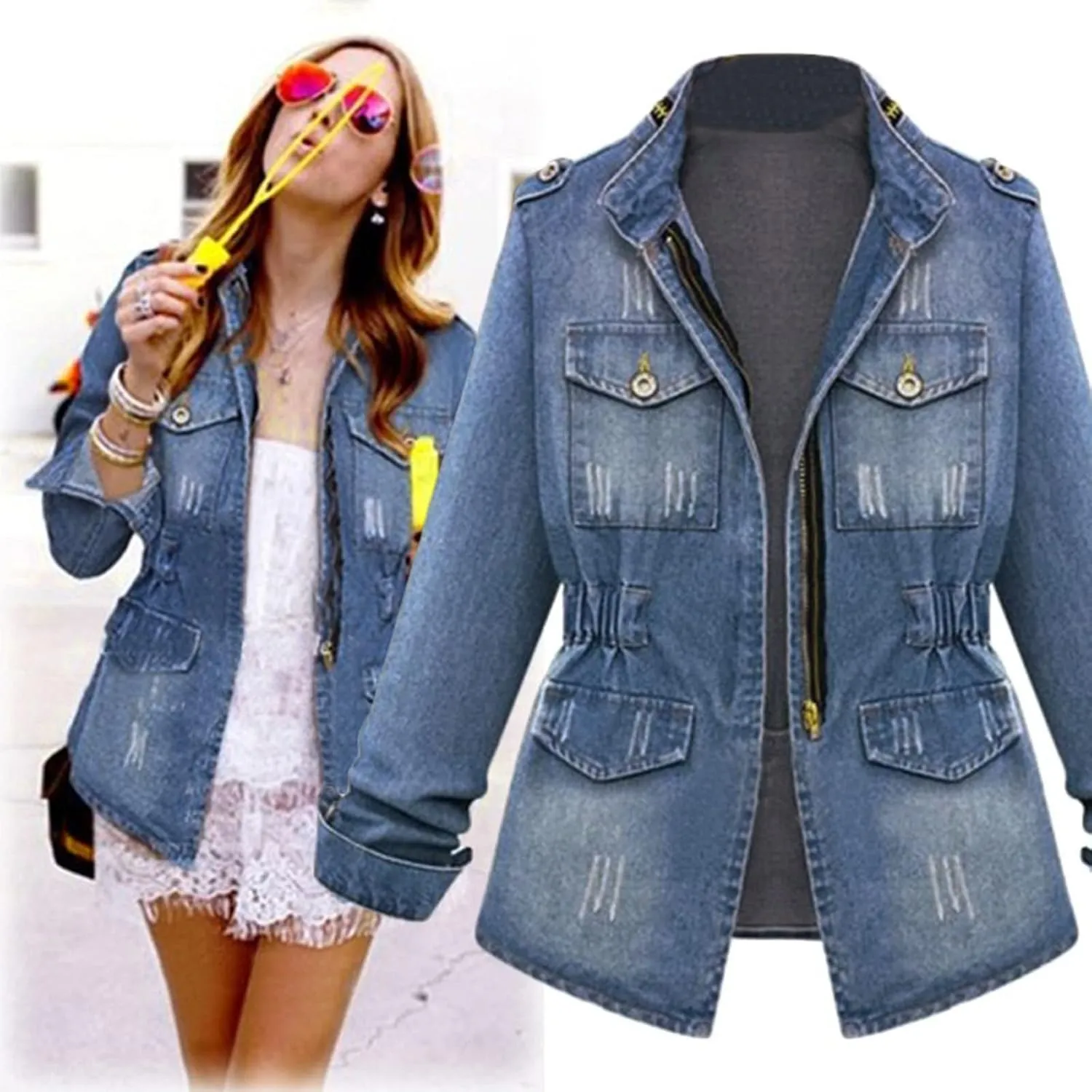 Women's Oversized Denim Jacket Casual Long Boyfriend Distresse Jean Jacket Autumn Spring Washed Denim Jacket 2024