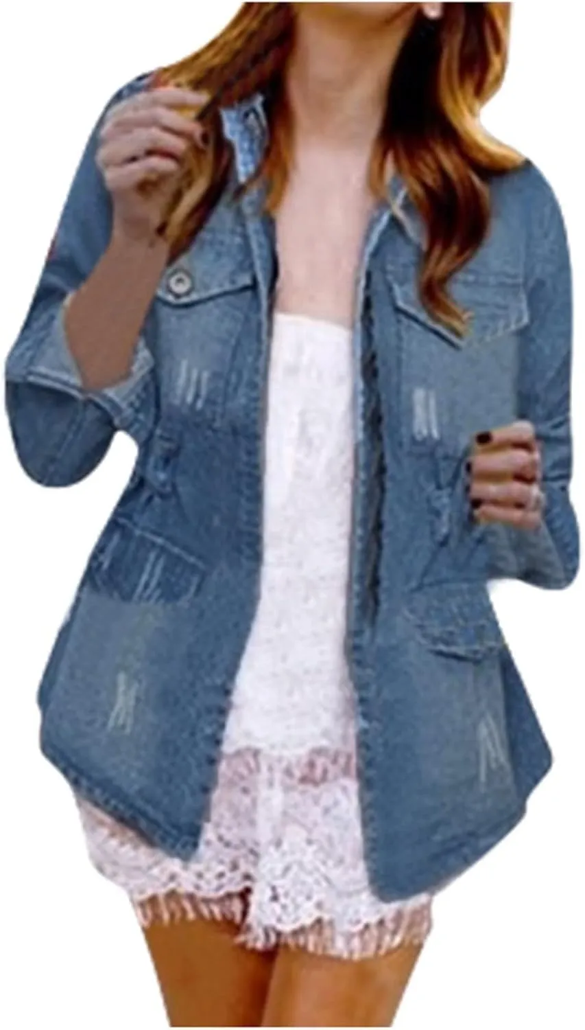 Women's Oversized Denim Jacket Casual Long Boyfriend Distresse Jean Jacket Autumn Spring Washed Denim Jacket 2024