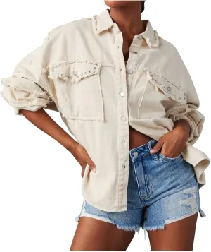 Womens Oversized Denim Jackets Trendy 2024 Button Down Multi Pockets Jean Jacket Plus Size Long Sleeve Denim Jackets