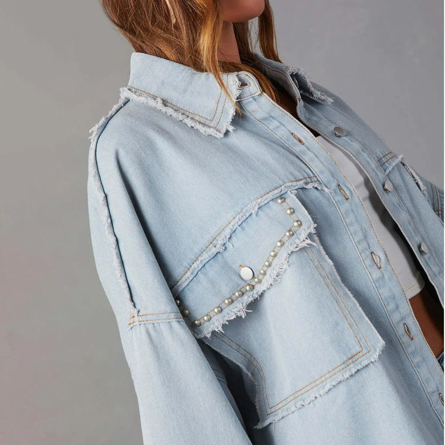 Womens Oversized Denim Jackets Trendy 2024 Button Down Multi Pockets Jean Jacket Plus Size Long Sleeve Denim Jackets