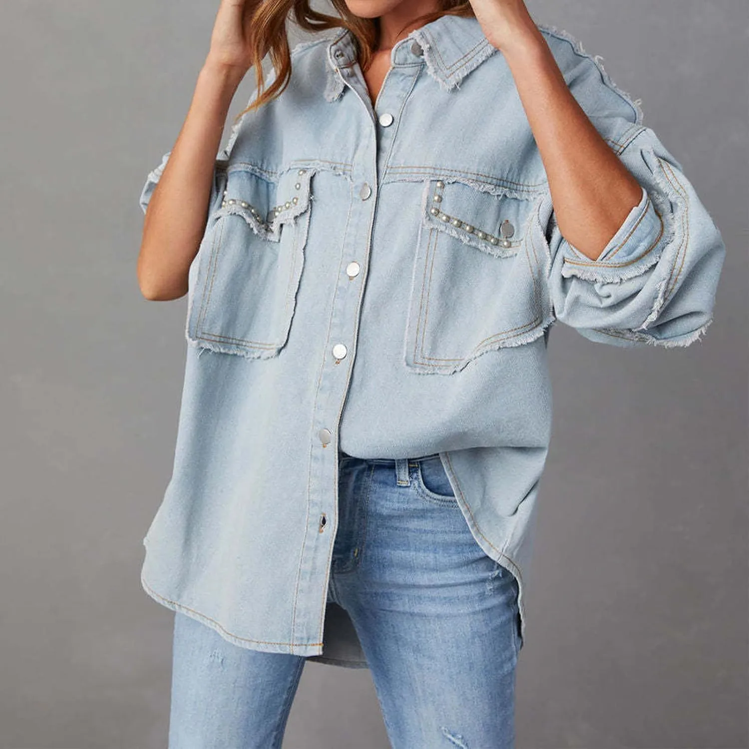 Womens Oversized Denim Jackets Trendy 2024 Button Down Multi Pockets Jean Jacket Plus Size Long Sleeve Denim Jackets
