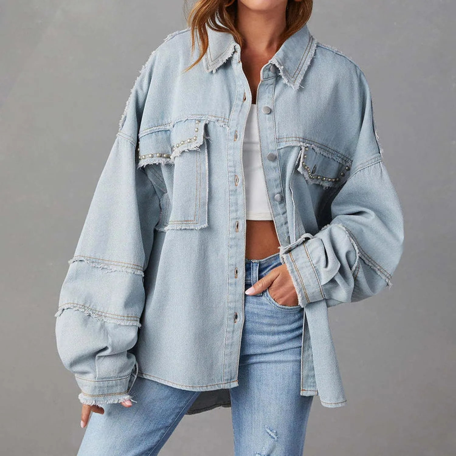 Womens Oversized Denim Jackets Trendy 2024 Button Down Multi Pockets Jean Jacket Plus Size Long Sleeve Denim Jackets