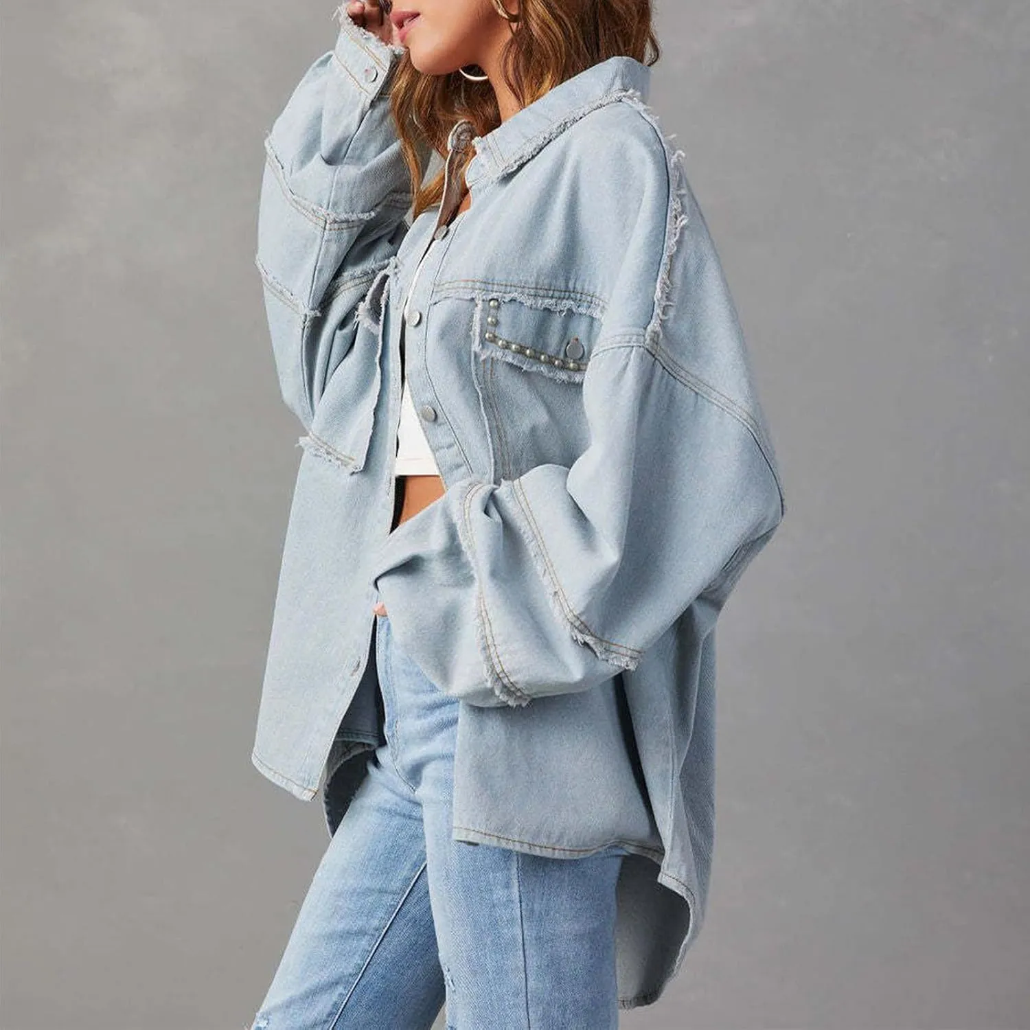 Womens Oversized Denim Jackets Trendy 2024 Button Down Multi Pockets Jean Jacket Plus Size Long Sleeve Denim Jackets