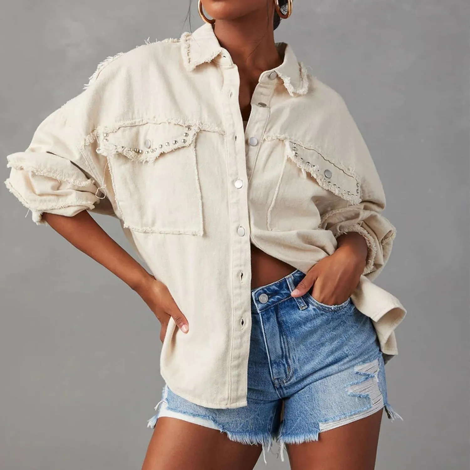 Womens Oversized Denim Jackets Trendy 2024 Button Down Multi Pockets Jean Jacket Plus Size Long Sleeve Denim Jackets