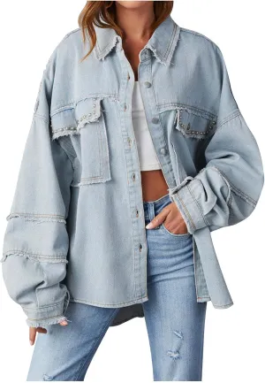 Womens Oversized Denim Jackets Trendy 2024 Button Down Multi Pockets Jean Jacket Plus Size Long Sleeve Denim Jackets
