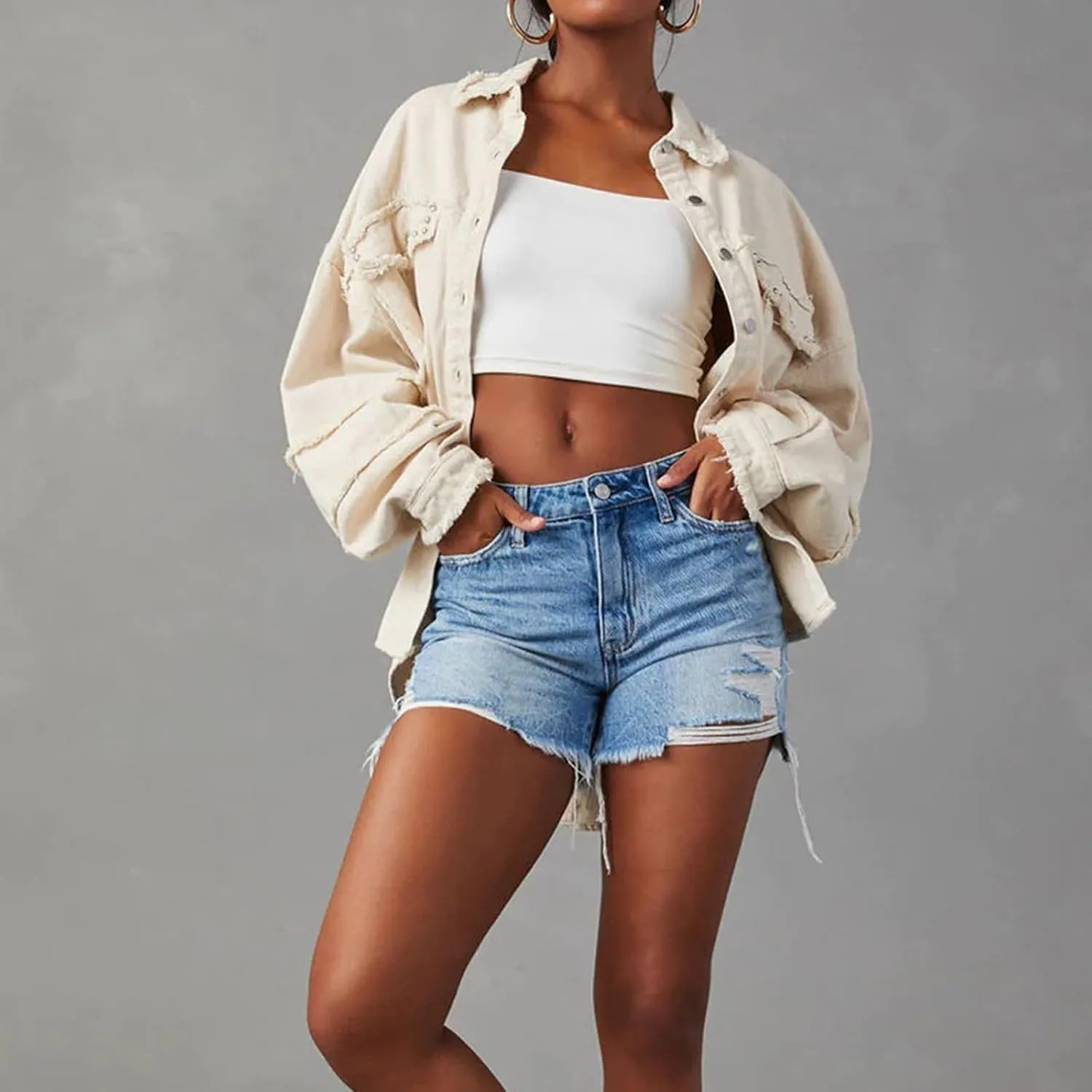 Womens Oversized Denim Jackets Trendy 2024 Button Down Multi Pockets Jean Jacket Plus Size Long Sleeve Denim Jackets