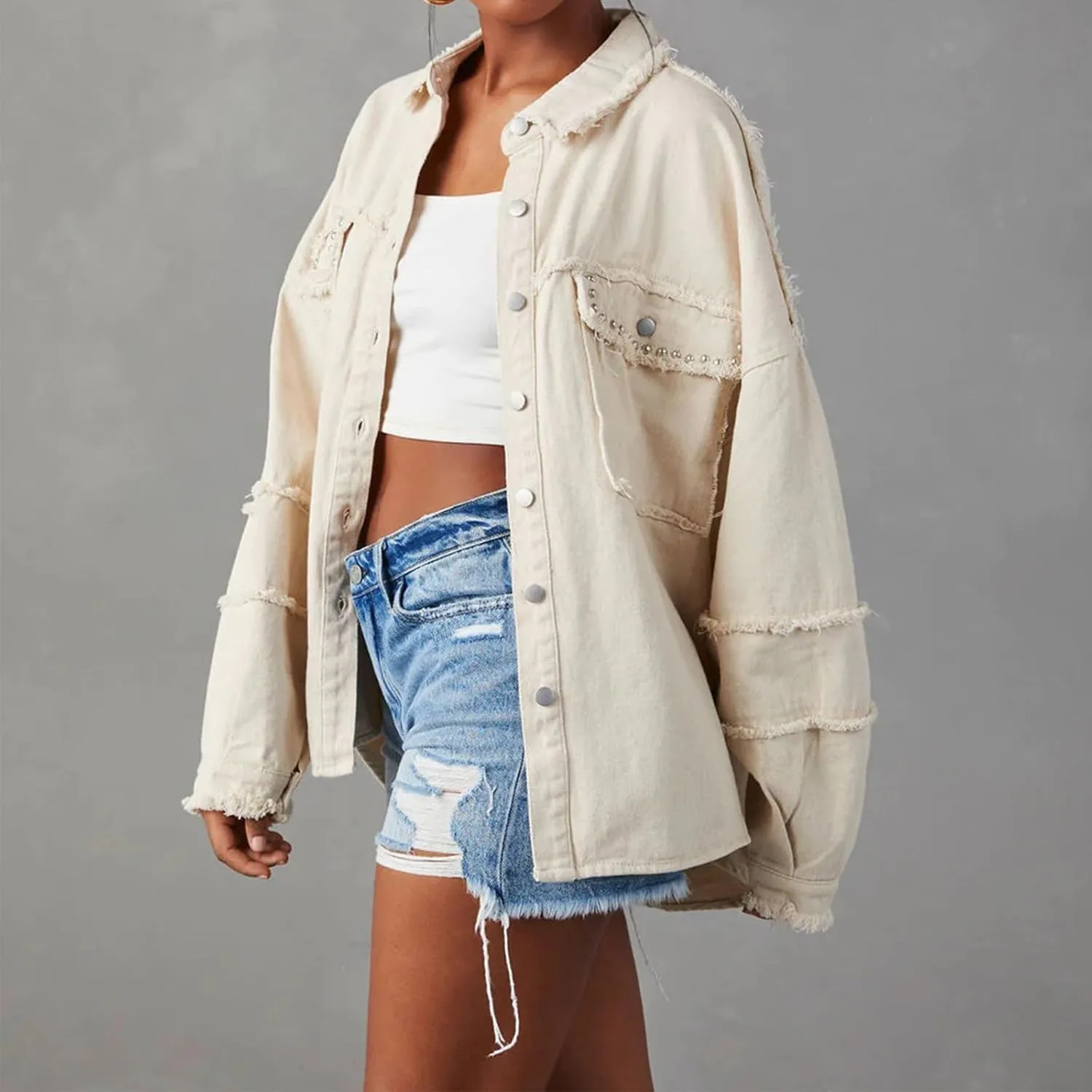 Womens Oversized Denim Jackets Trendy 2024 Button Down Multi Pockets Jean Jacket Plus Size Long Sleeve Denim Jackets