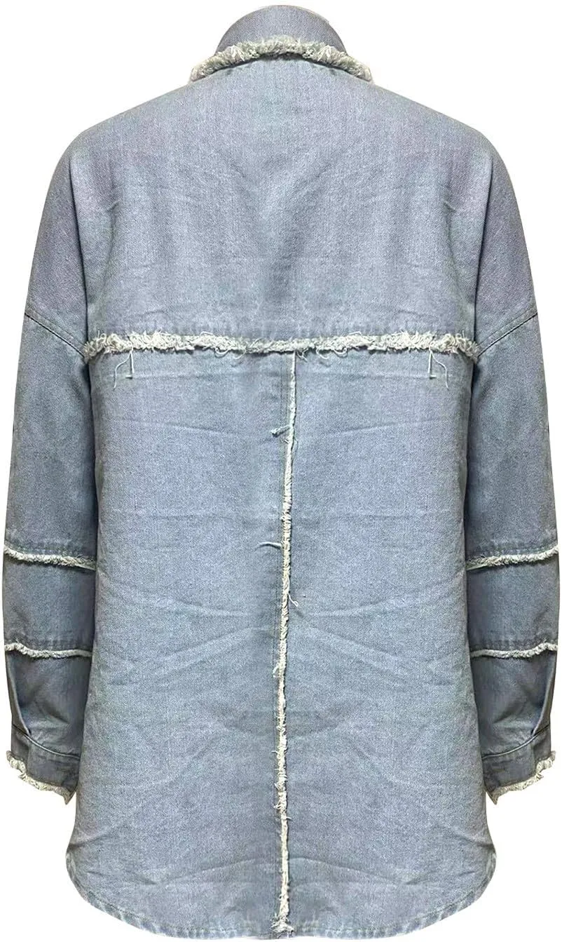 Womens Oversized Denim Jackets Trendy 2024 Button Down Multi Pockets Jean Jacket Plus Size Long Sleeve Denim Jackets