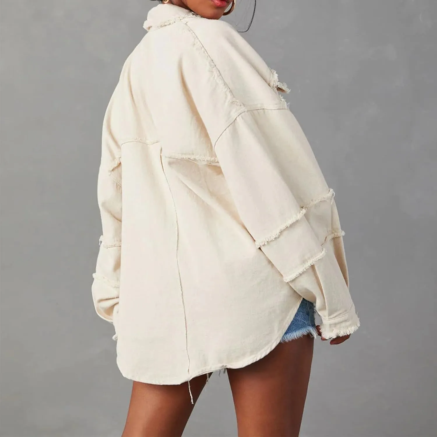 Womens Oversized Denim Jackets Trendy 2024 Button Down Multi Pockets Jean Jacket Plus Size Long Sleeve Denim Jackets