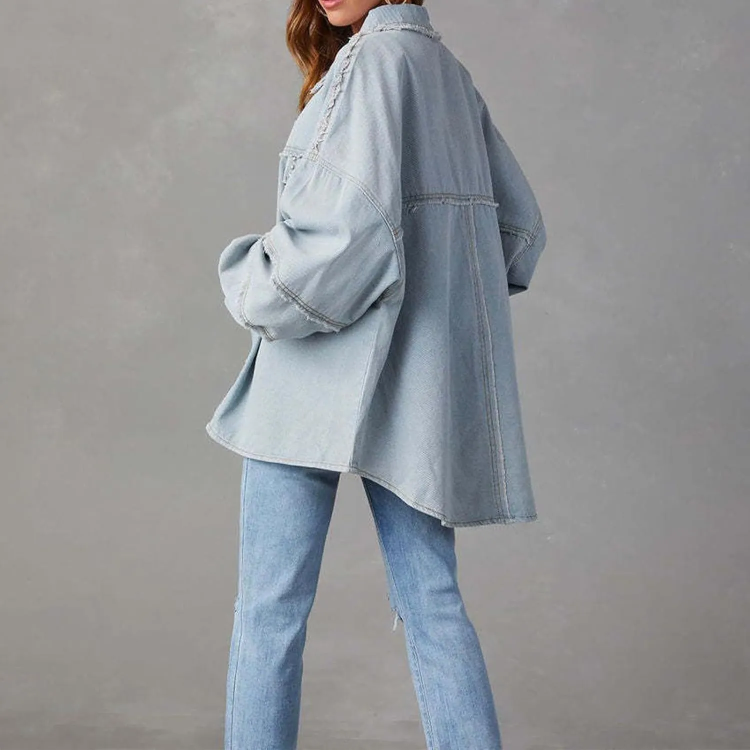 Womens Oversized Denim Jackets Trendy 2024 Button Down Multi Pockets Jean Jacket Plus Size Long Sleeve Denim Jackets