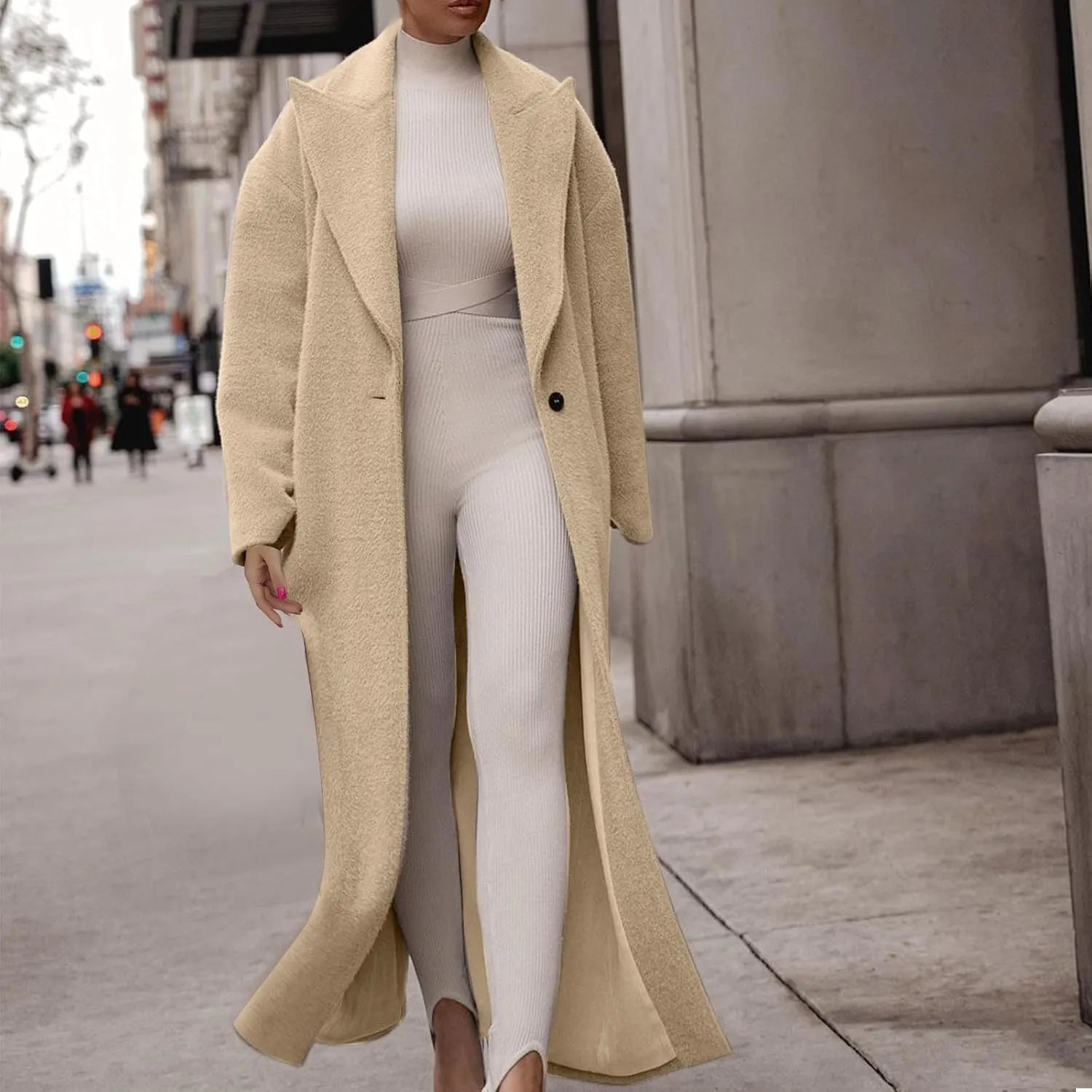 Women's Oversized Trench Coat Notched Lapel Collar Wool Blend Pea Coats Open Front Long Sleeve Maxi Outerwear