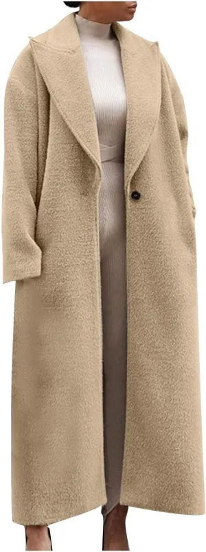 Women's Oversized Trench Coat Notched Lapel Collar Wool Blend Pea Coats Open Front Long Sleeve Maxi Outerwear