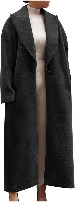 Women's Oversized Trench Coat Notched Lapel Collar Wool Blend Pea Coats Open Front Long Sleeve Maxi Outerwear