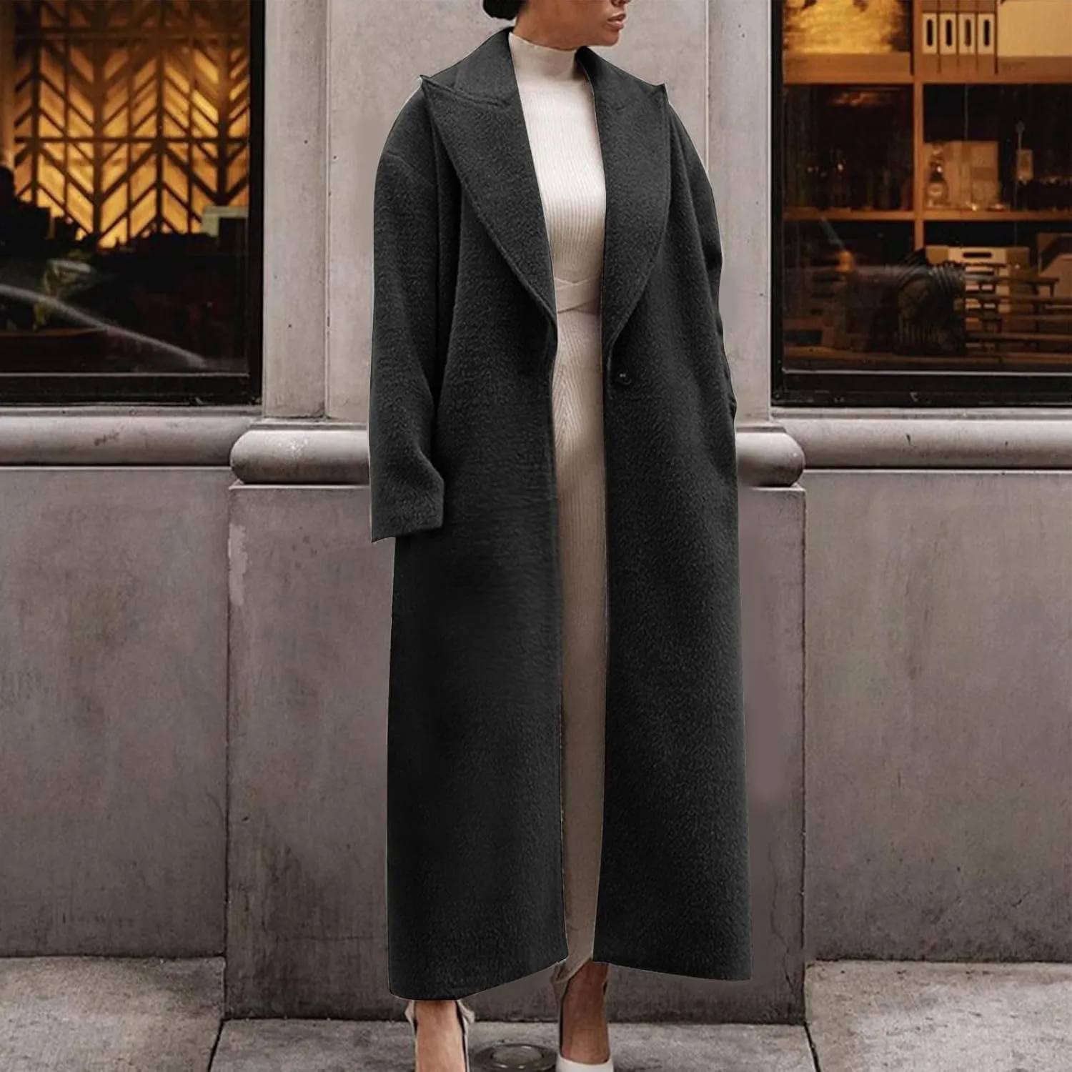 Women's Oversized Trench Coat Notched Lapel Collar Wool Blend Pea Coats Open Front Long Sleeve Maxi Outerwear
