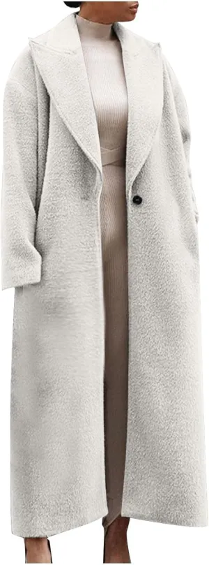Women's Oversized Trench Coat Notched Lapel Collar Wool Blend Pea Coats Open Front Long Sleeve Maxi Outerwear