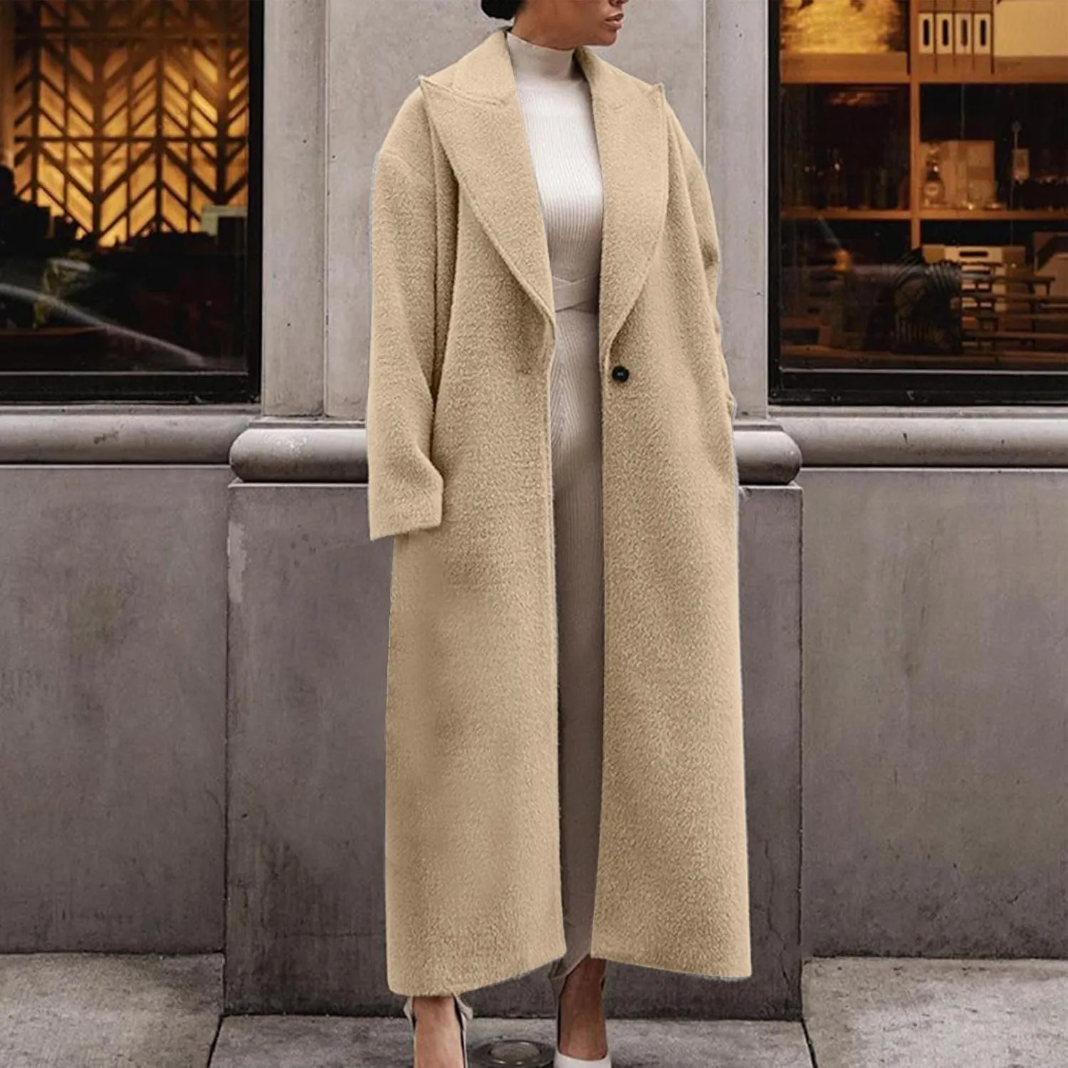 Women's Oversized Trench Coat Notched Lapel Collar Wool Blend Pea Coats Open Front Long Sleeve Maxi Outerwear