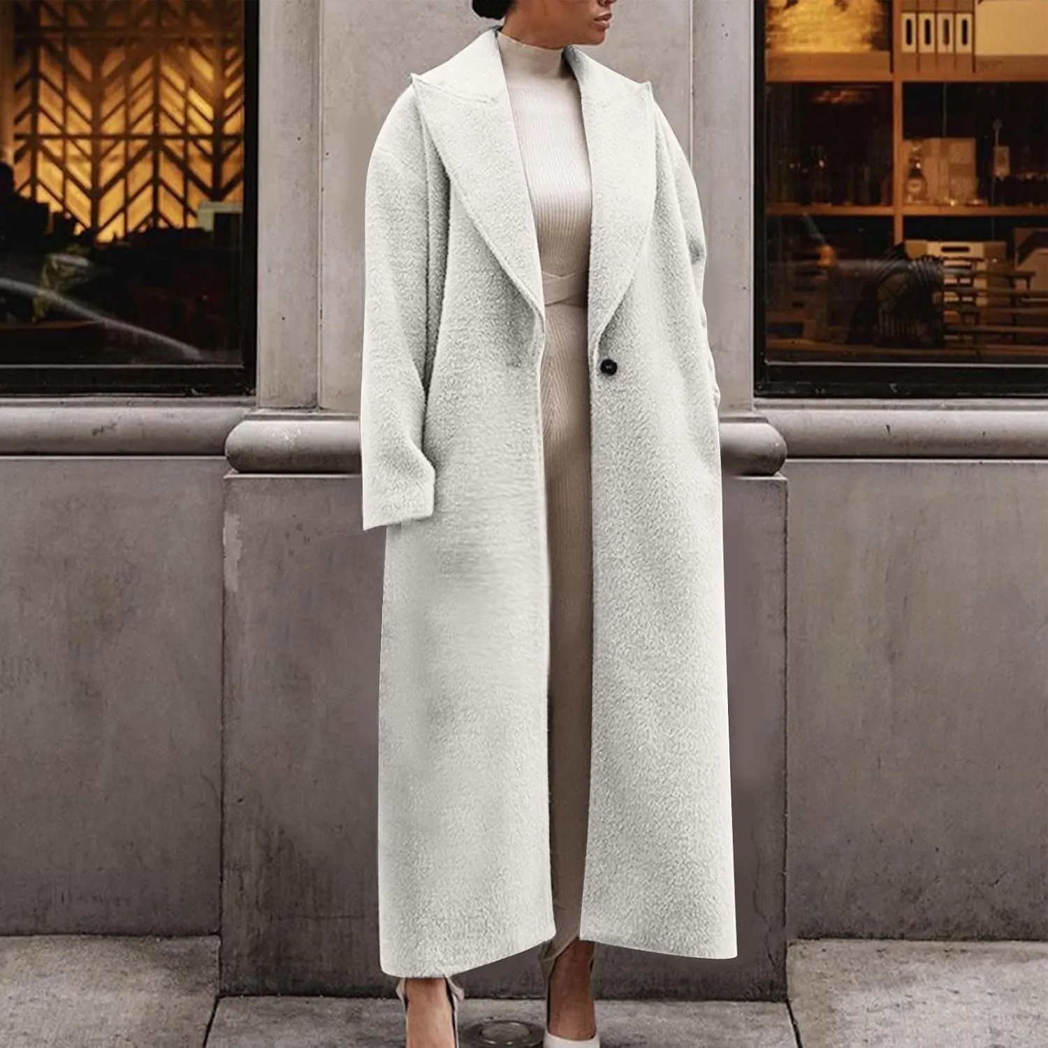Women's Oversized Trench Coat Notched Lapel Collar Wool Blend Pea Coats Open Front Long Sleeve Maxi Outerwear