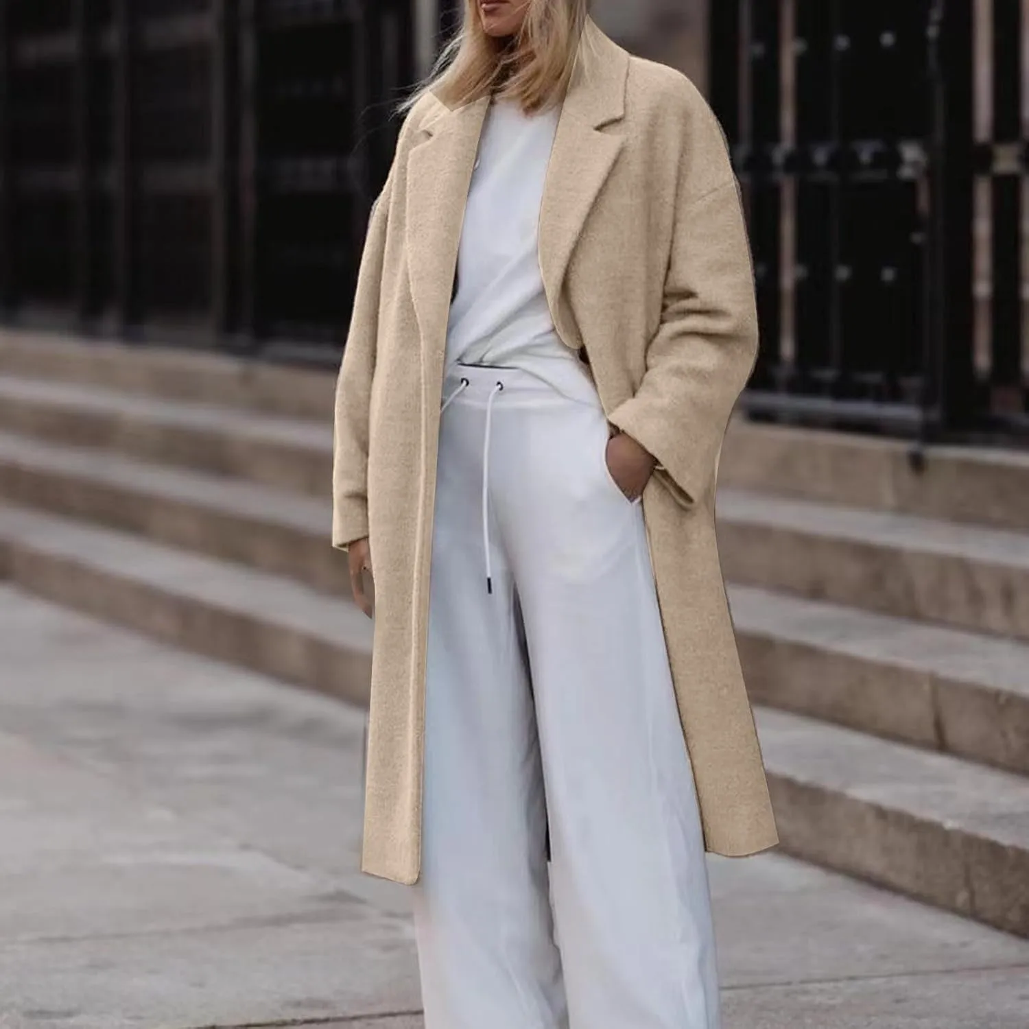 Women's Oversized Trench Coat Notched Lapel Collar Wool Blend Pea Coats Open Front Long Sleeve Maxi Outerwear
