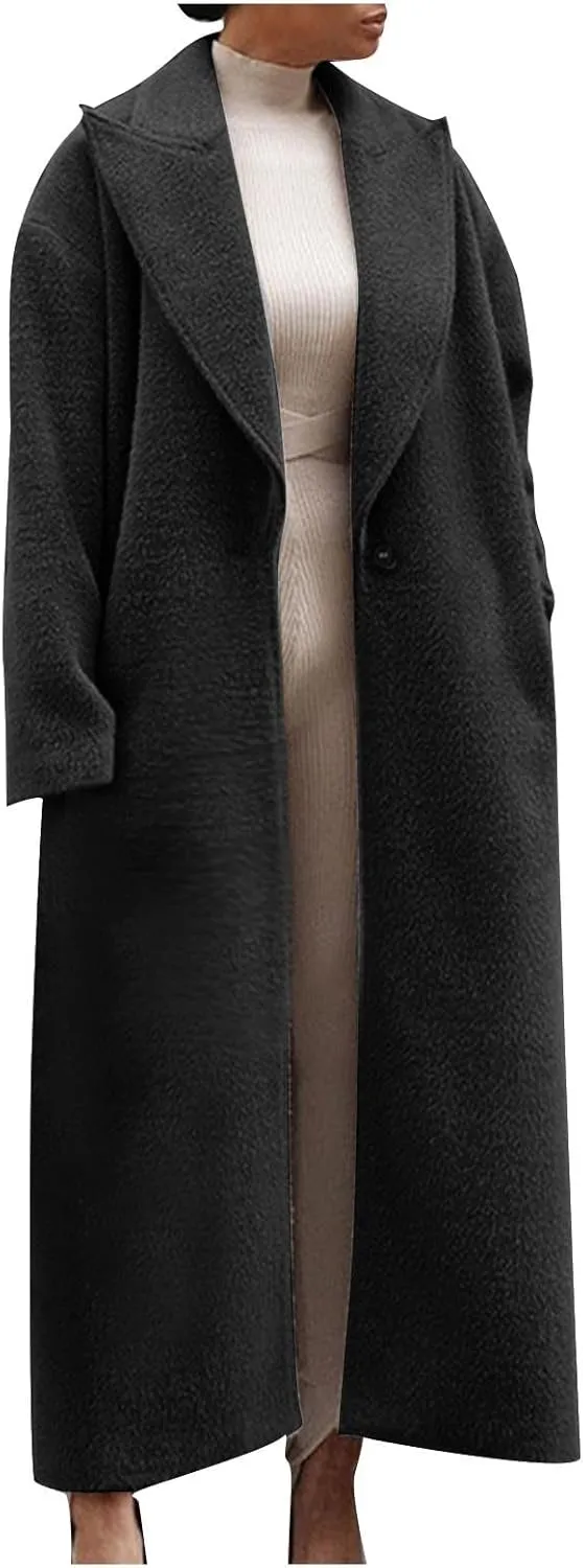 Women's Oversized Trench Coat Notched Lapel Collar Wool Blend Pea Coats Open Front Long Sleeve Maxi Outerwear