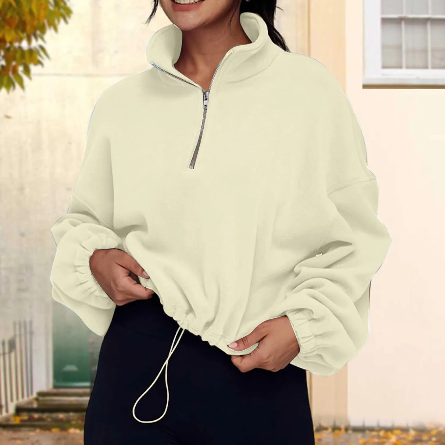 Womens Quarter Zip Hoodies Cropped Sweatshirts Long Sleeve Fleece Half Zip Sweatshirts Fall Outfits Clothes Pullover