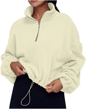 Womens Quarter Zip Hoodies Cropped Sweatshirts Long Sleeve Fleece Half Zip Sweatshirts Fall Outfits Clothes Pullover