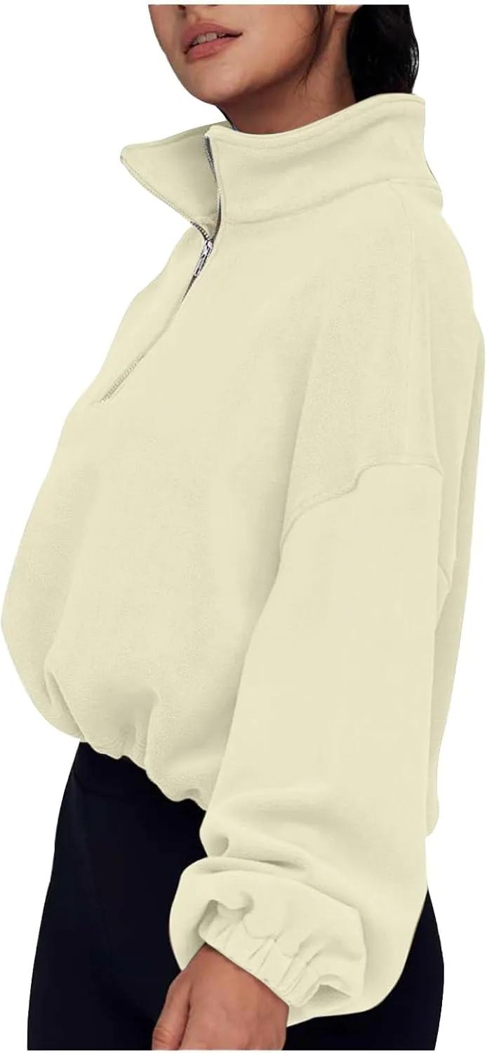 Womens Quarter Zip Hoodies Cropped Sweatshirts Long Sleeve Fleece Half Zip Sweatshirts Fall Outfits Clothes Pullover