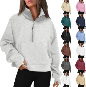 Womens Quarter Zip Pullover Fleece Stand Collar Cropped Sweatshirt with Pockets Thumb Hole Workout Crop Tops