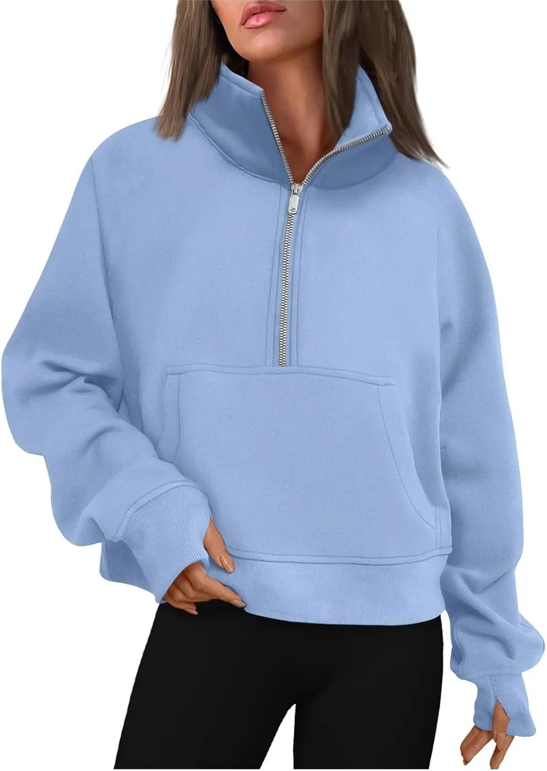 Womens Quarter Zip Pullover Fleece Stand Collar Cropped Sweatshirt with Pockets Thumb Hole Workout Crop Tops