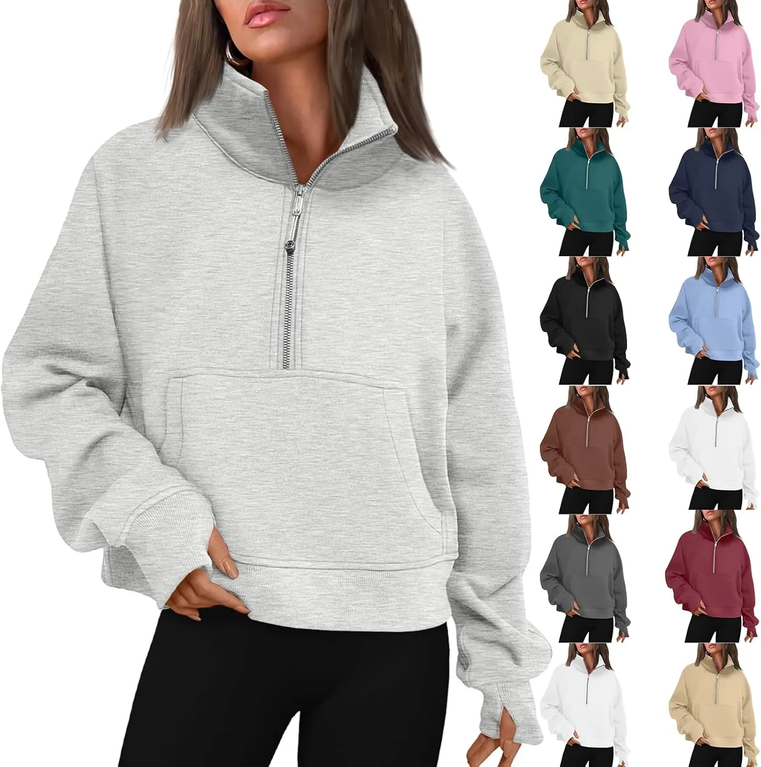 Womens Quarter Zip Pullover Fleece Stand Collar Cropped Sweatshirt with Pockets Thumb Hole Workout Crop Tops