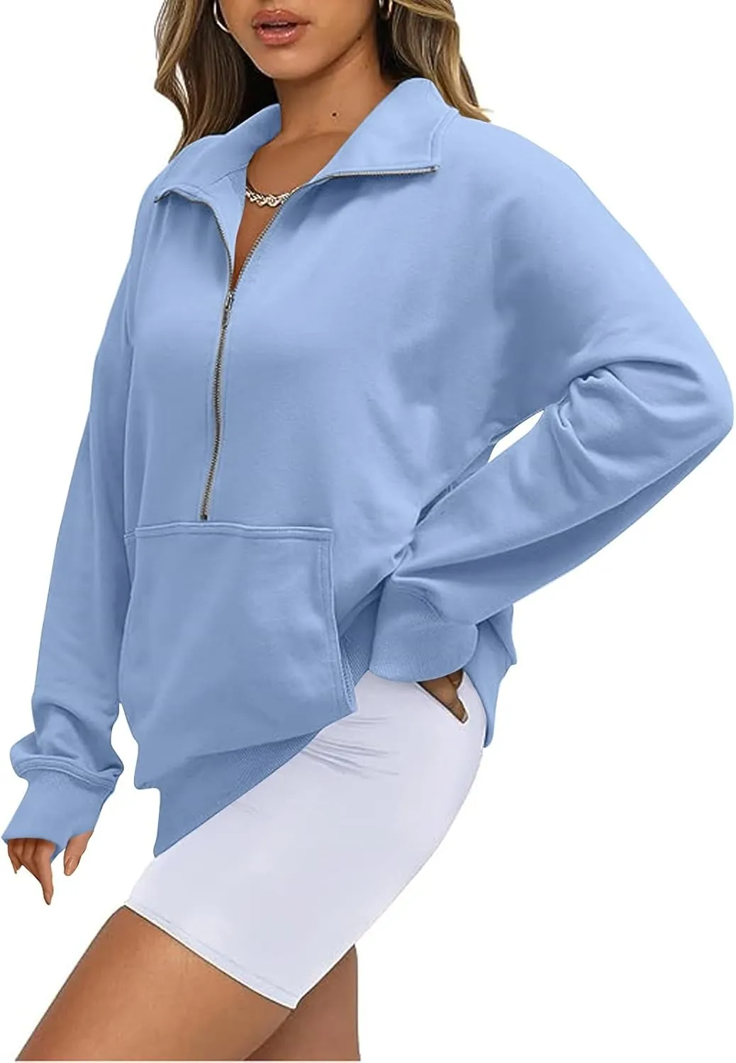 Womens Quarter Zip Pullover Fleece Stand Collar Cropped Sweatshirt with Pockets Thumb Hole Workout Crop Tops