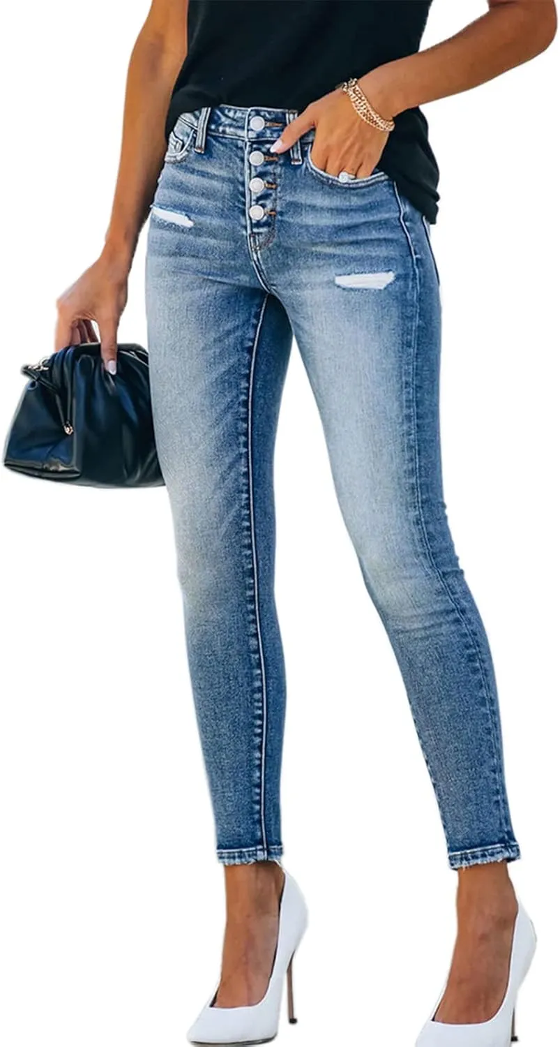Women's Ripped Skinny Jeans Stretch Slim Ankle Denim Jeans