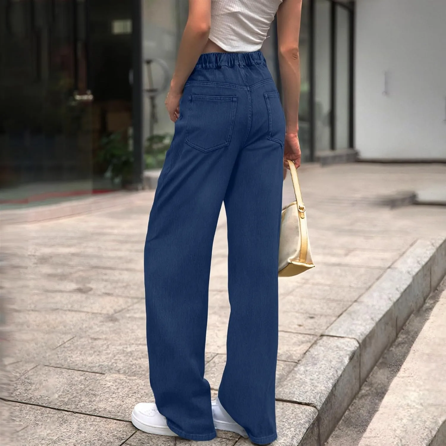 Womens Straight Leg Jeans Elastic High Waisted Boyfriend Jeans Trendy Streetwear Denim Trousers Cute Cowgirl Pants