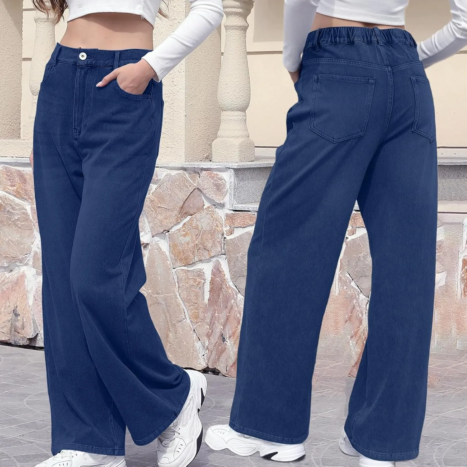 Womens Straight Leg Jeans Elastic High Waisted Boyfriend Jeans Trendy Streetwear Denim Trousers Cute Cowgirl Pants