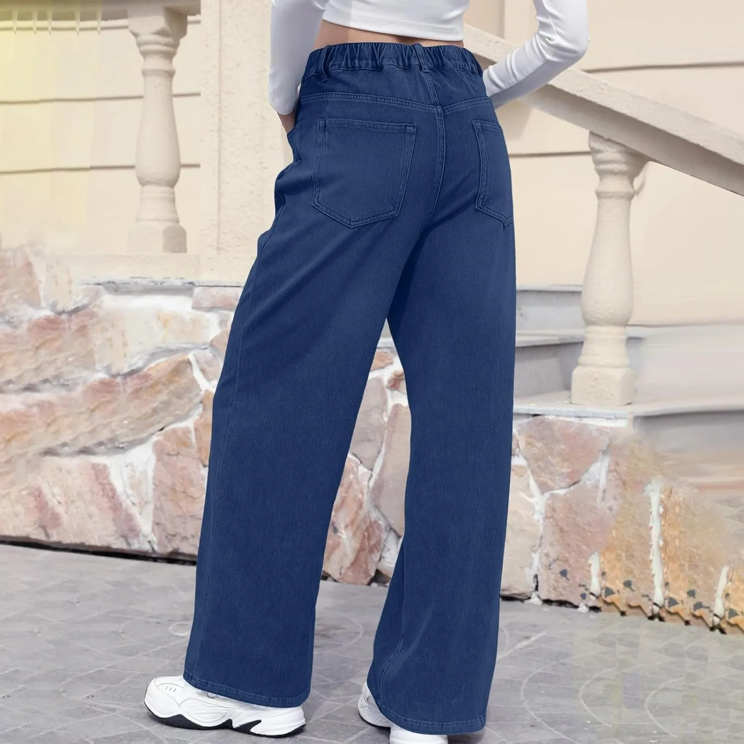 Womens Straight Leg Jeans Elastic High Waisted Boyfriend Jeans Trendy Streetwear Denim Trousers Cute Cowgirl Pants