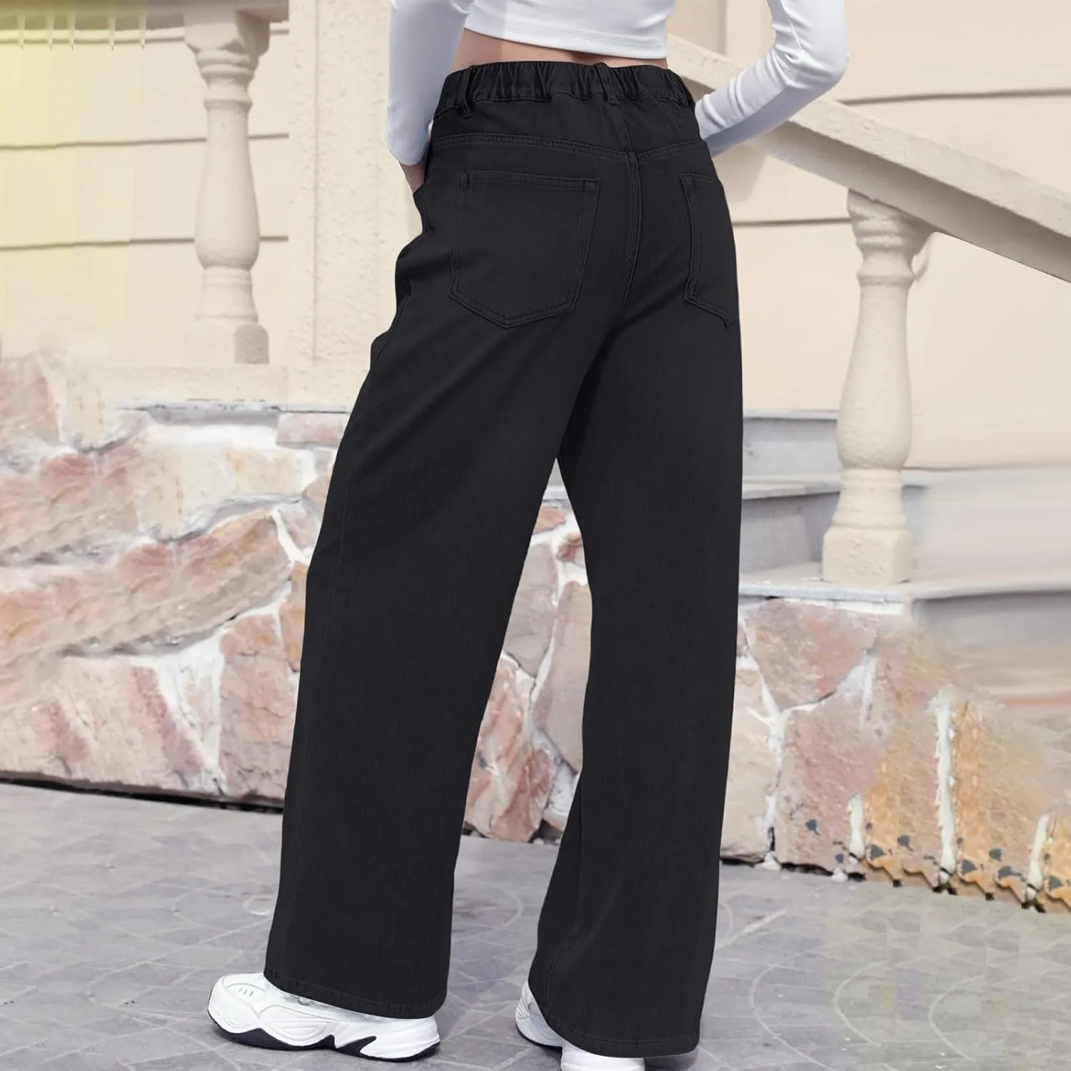Womens Straight Leg Jeans Elastic High Waisted Boyfriend Jeans Trendy Streetwear Denim Trousers Cute Cowgirl Pants
