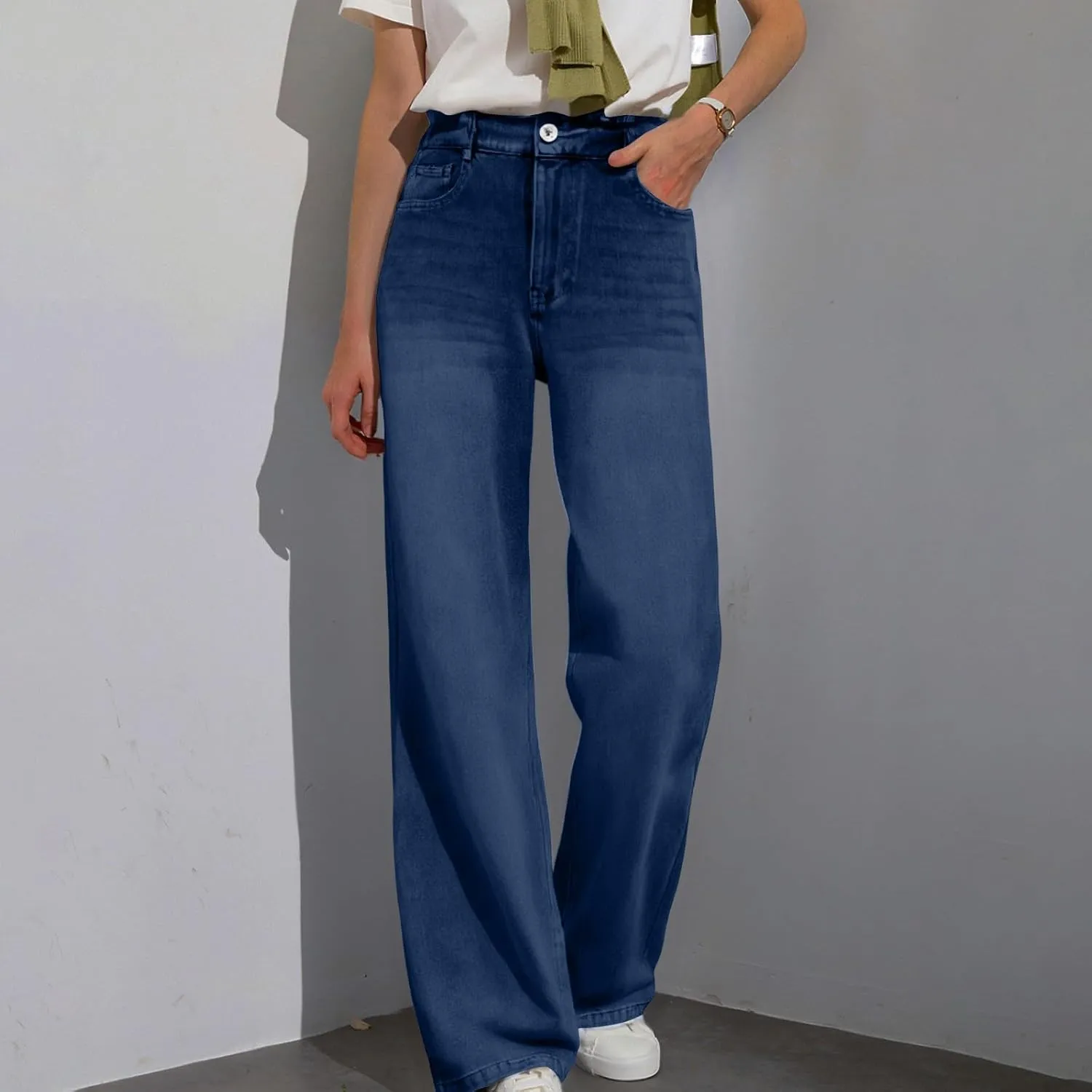 Womens Straight Leg Jeans Elastic High Waisted Boyfriend Jeans Trendy Streetwear Denim Trousers Cute Cowgirl Pants