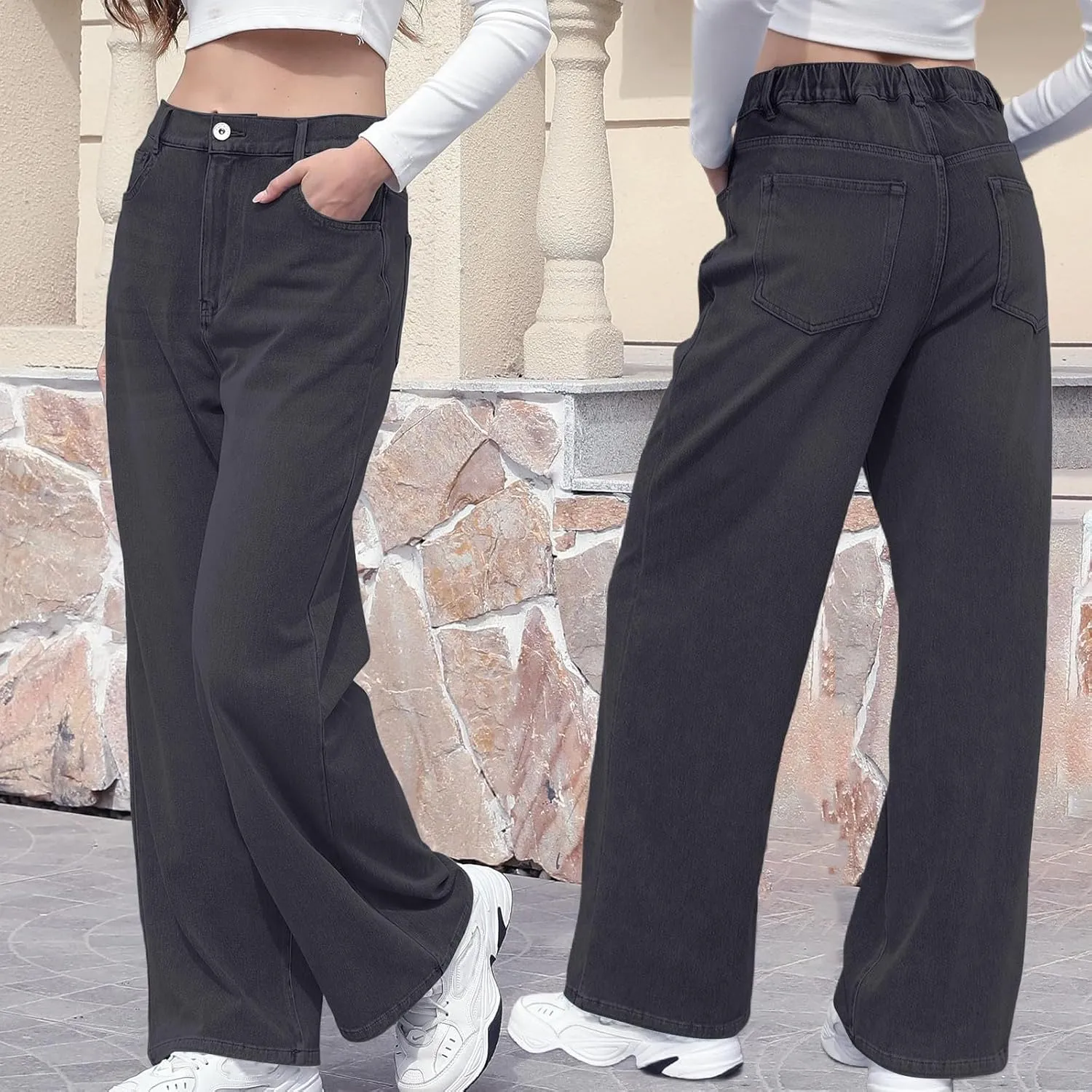 Womens Straight Leg Jeans Elastic High Waisted Boyfriend Jeans Trendy Streetwear Denim Trousers Cute Cowgirl Pants