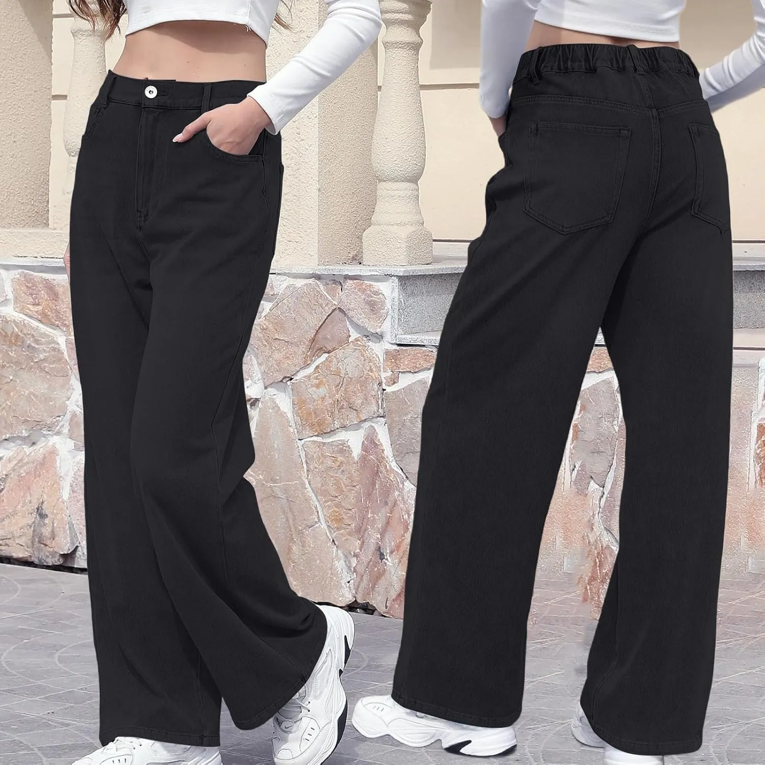 Womens Straight Leg Jeans Elastic High Waisted Boyfriend Jeans Trendy Streetwear Denim Trousers Cute Cowgirl Pants