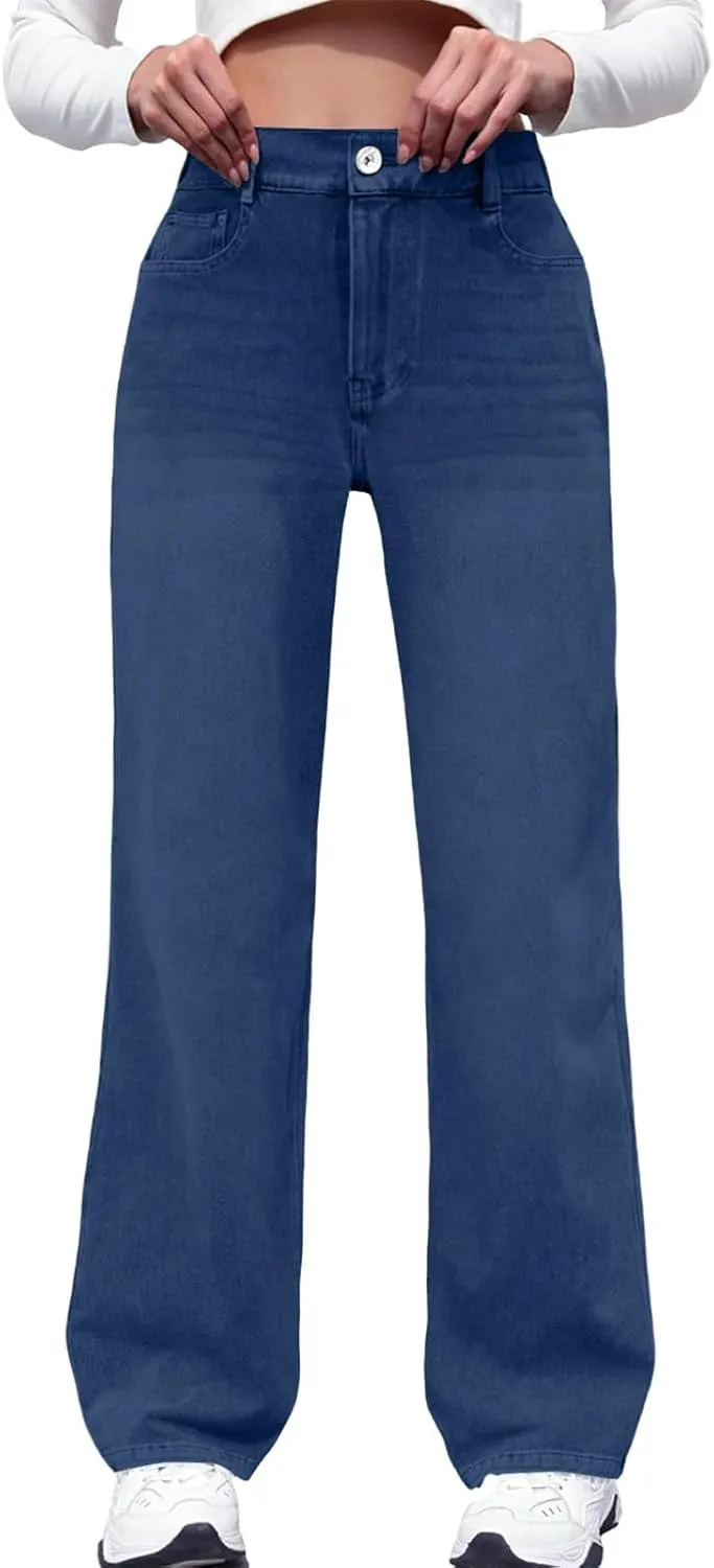 Womens Straight Leg Jeans Elastic High Waisted Boyfriend Jeans Trendy Streetwear Denim Trousers Cute Cowgirl Pants