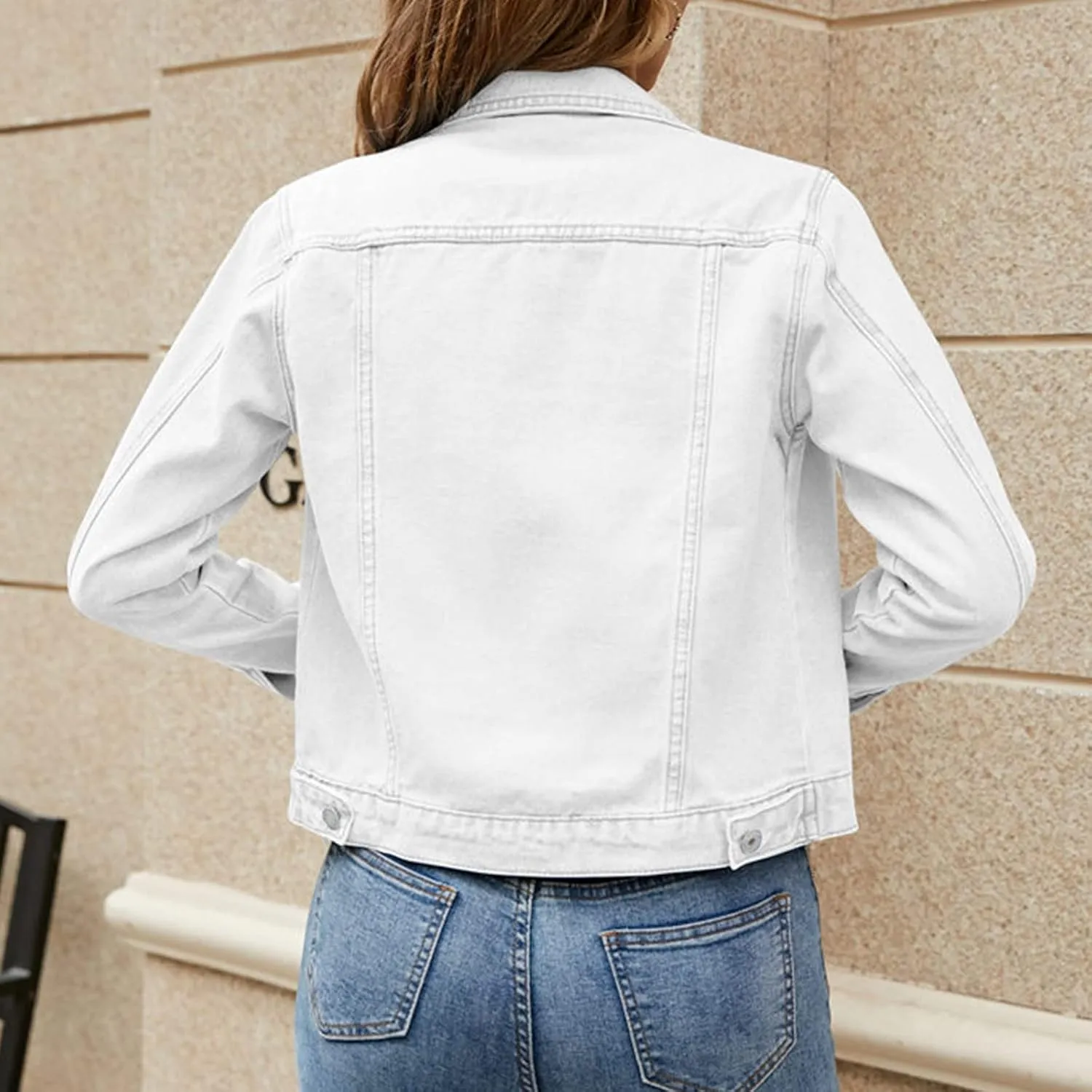 Women's Stretch Denim Jacket Basic Solid Button Down Jean Coat Relaxed Fitted Long Sleeves Shacket Outerwear with Pockets